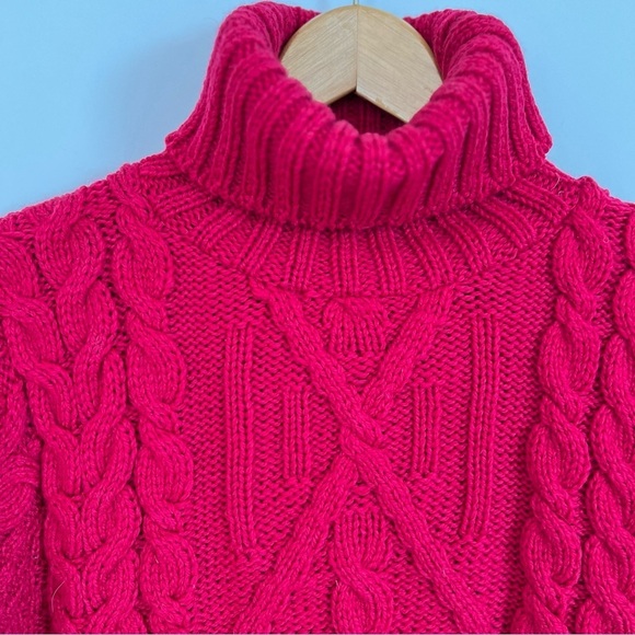 Aran Crafts Ireland Cable Knit Turtleneck Size S Merino Wool Ruby Red - Picture 2 of 9